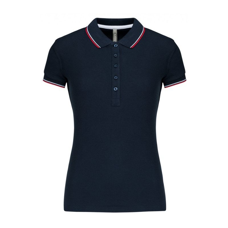 Polo piqué femme bleu navy rouge et blanc